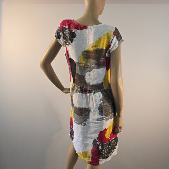 Terzo Millennio Italy Abstract Print Linen Shift Dress Size M Cap Sleeve Pockets - Picture 10 of 13